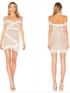 MAJORELLE Bandit mesh off shoulder polka dot dress in white nude